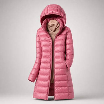 Women's Lightweight Long Puffer Coat with Hood - Pink