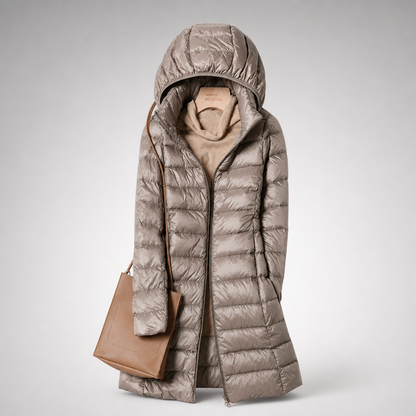 Women's Lightweight Long Puffer Coat with Hood - Taupe