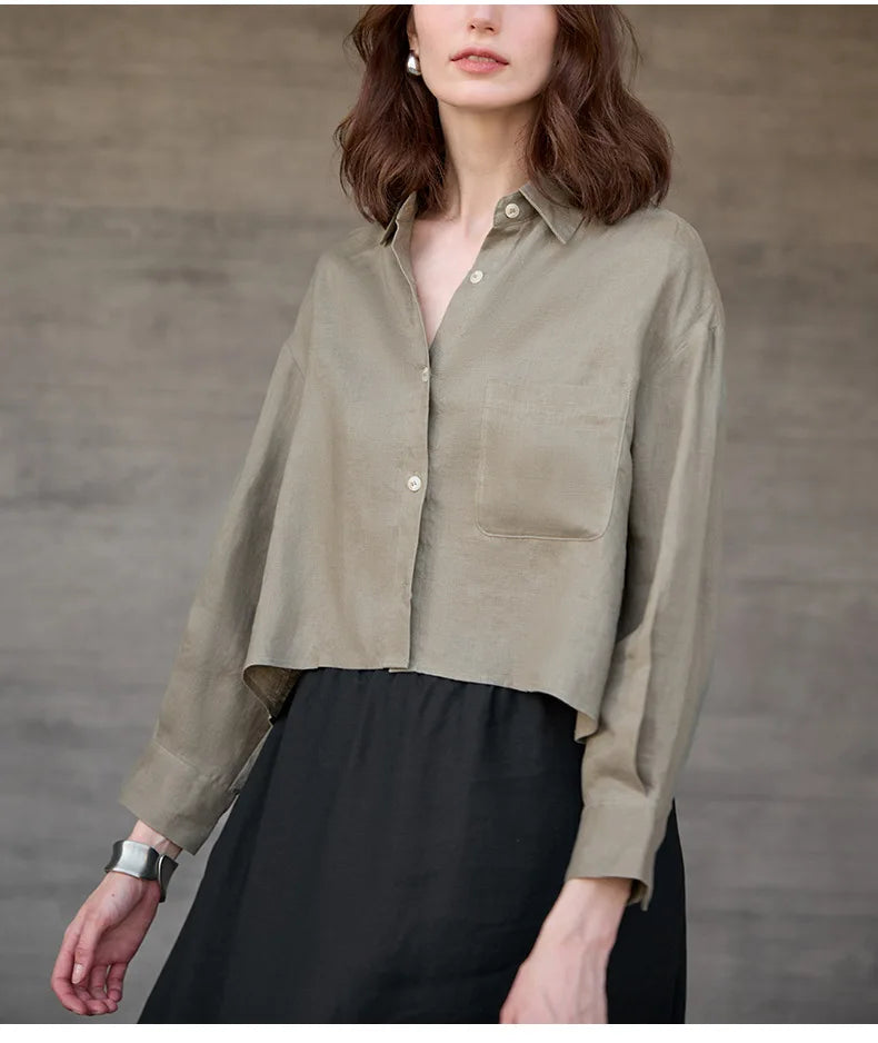 Women's Linen Cropped Long Sleeve Shirt-28