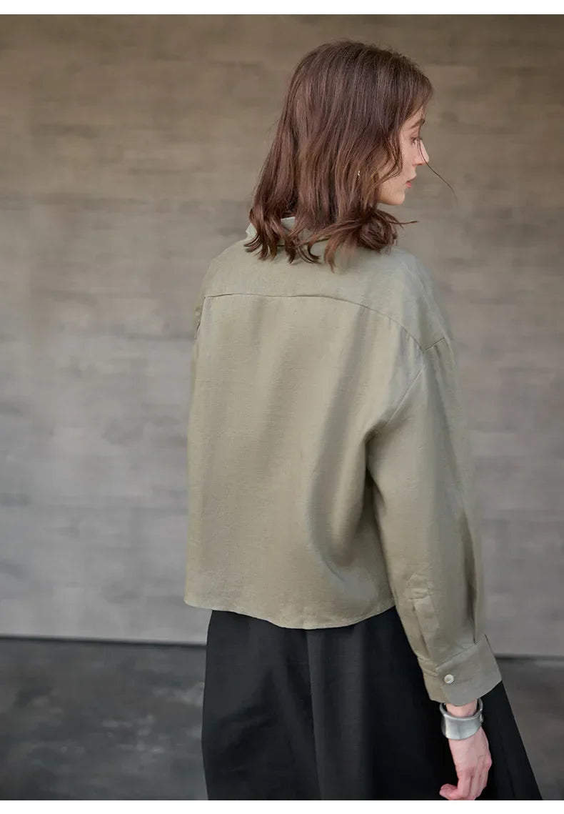 Women's Linen Cropped Long Sleeve Shirt-30