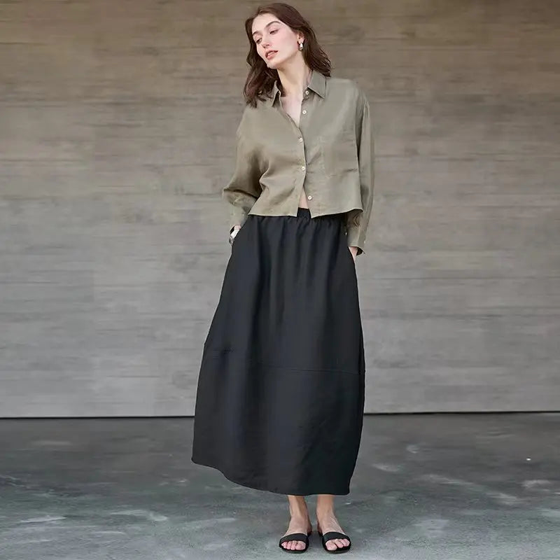 Women's Linen Cropped Long Sleeve Shirt-11