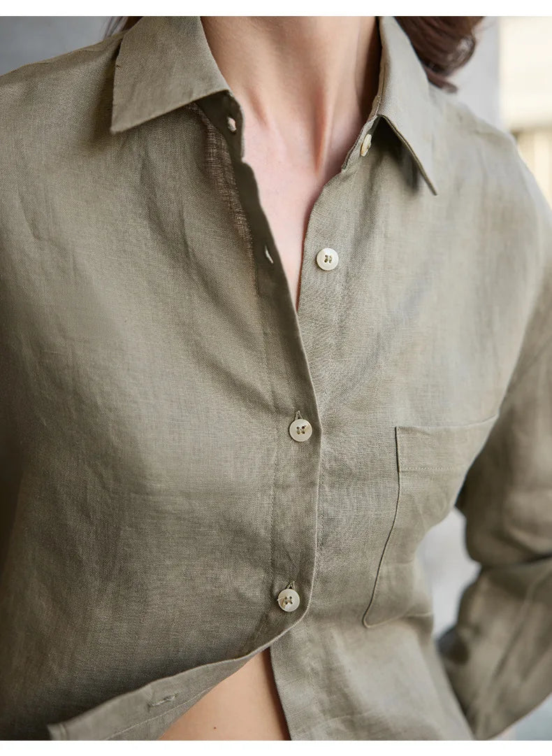Women's Linen Cropped Long Sleeve Shirt-27
