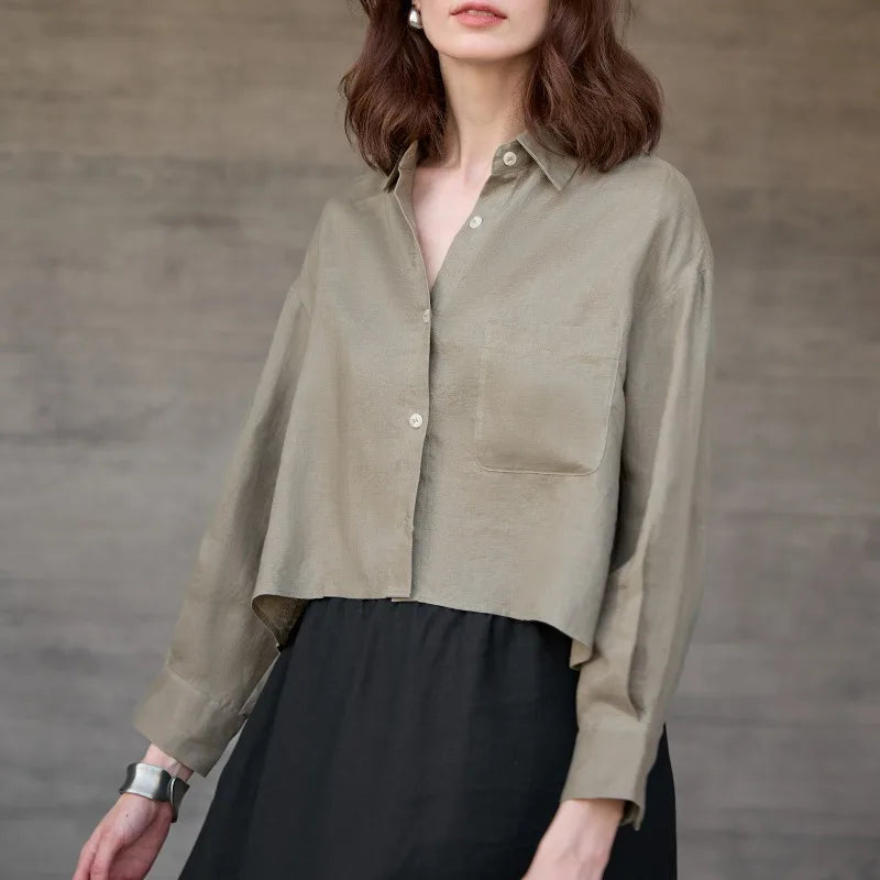 Women's Linen Cropped Long Sleeve Shirt-10