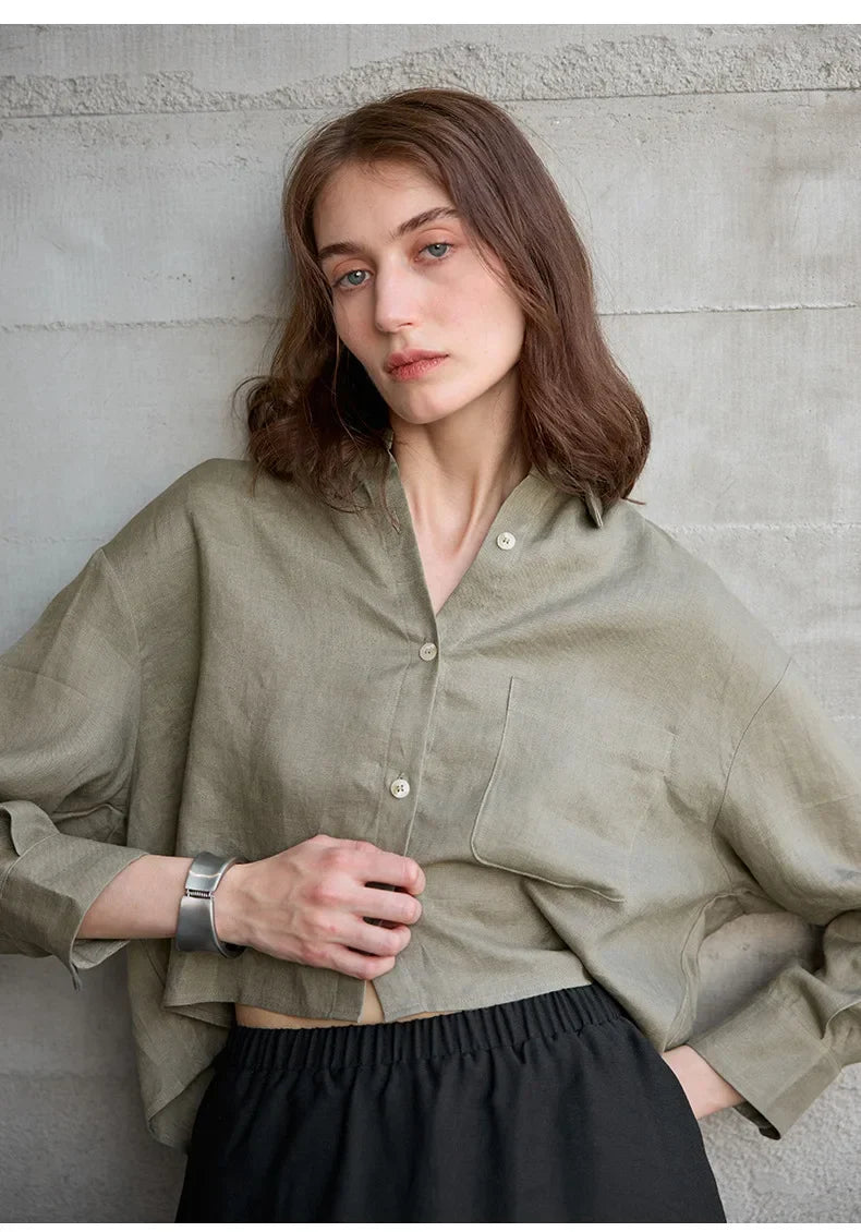 Women's Linen Cropped Long Sleeve Shirt-26