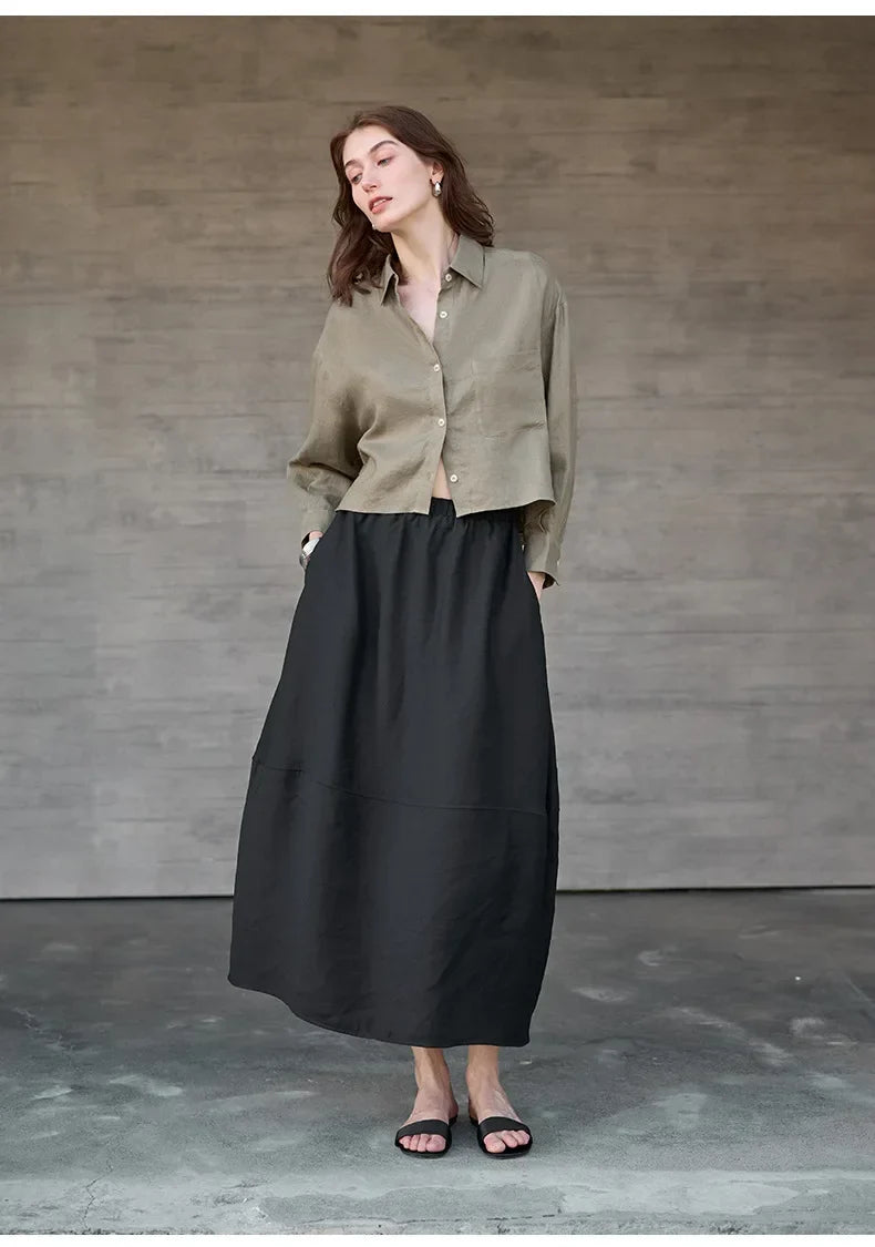 Women's Linen Cropped Long Sleeve Shirt-29