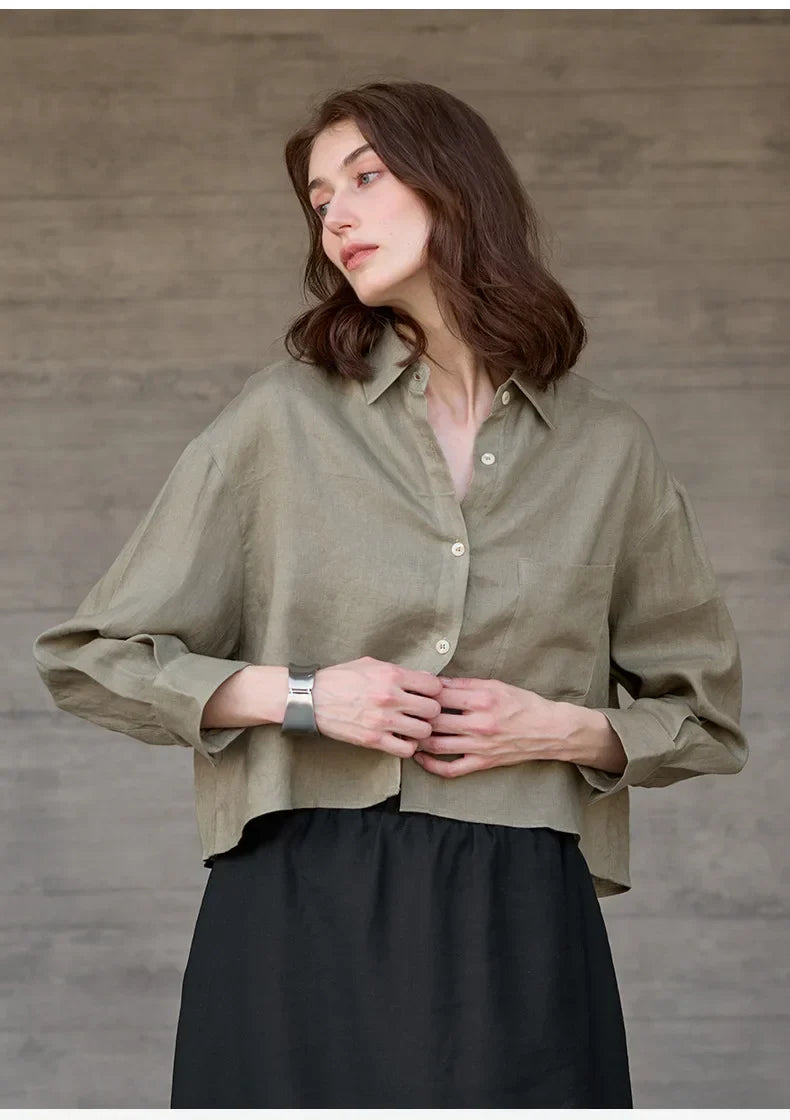 Women's Linen Cropped Long Sleeve Shirt-31