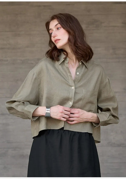 Women's Linen Cropped Long Sleeve Shirt-31