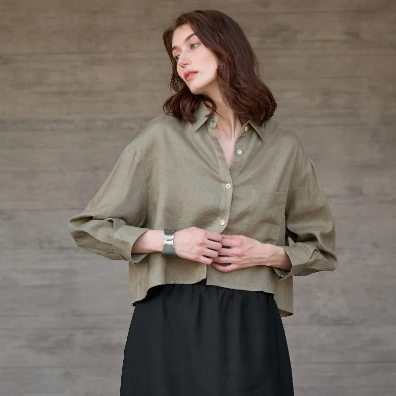 Women's Linen Cropped Long Sleeve Shirt-32