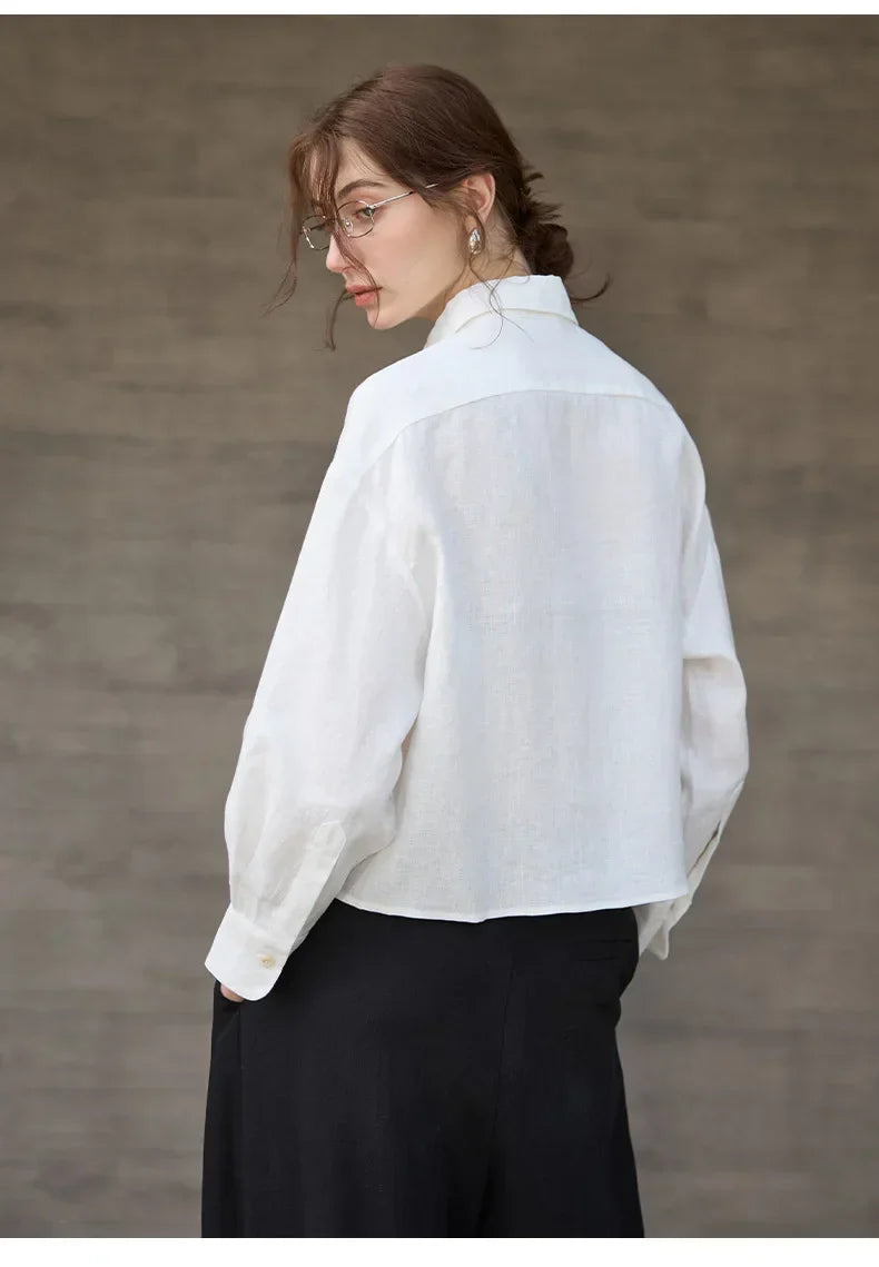 Women's Linen Cropped Long Sleeve Shirt-20