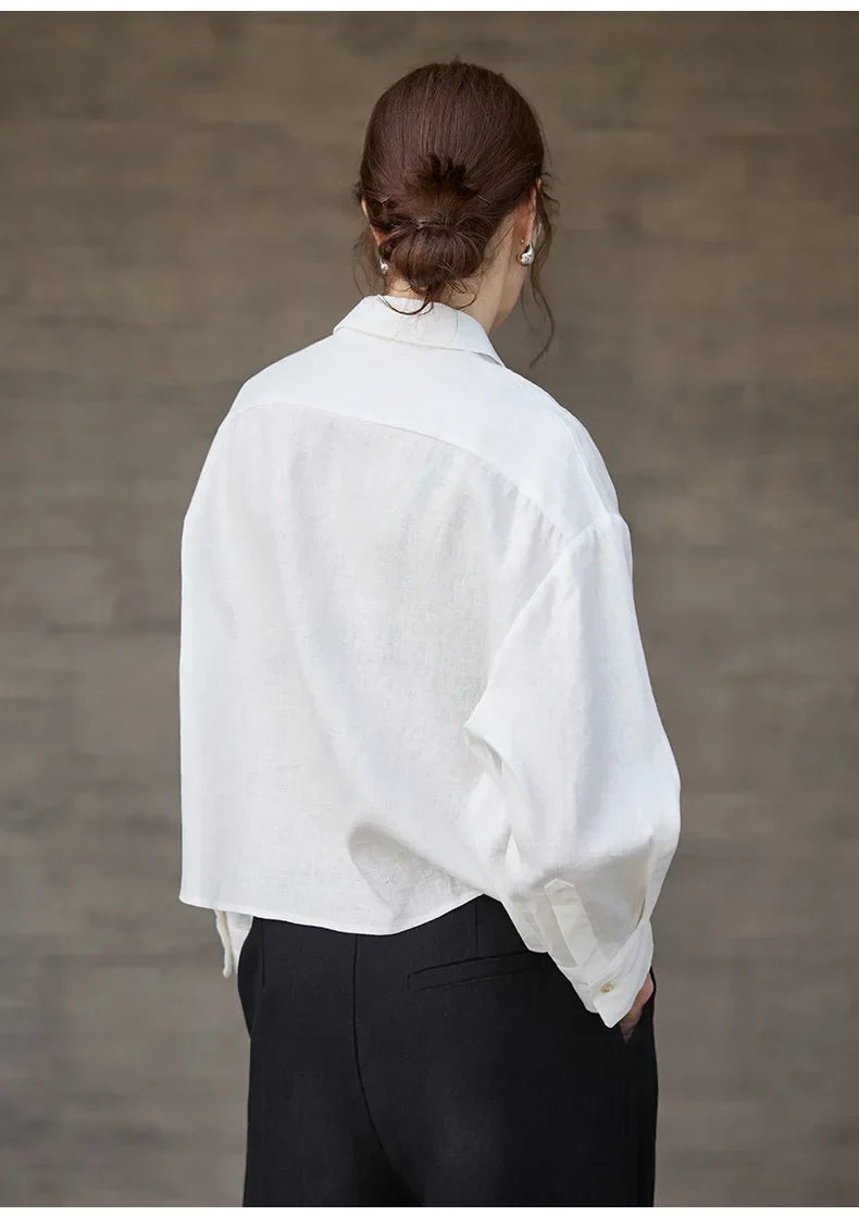 Women's Linen Cropped Long Sleeve Shirt-25