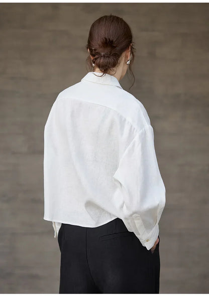 Women's Linen Cropped Long Sleeve Shirt-25