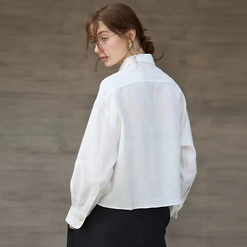 Women's Linen Cropped Long Sleeve Shirt-9