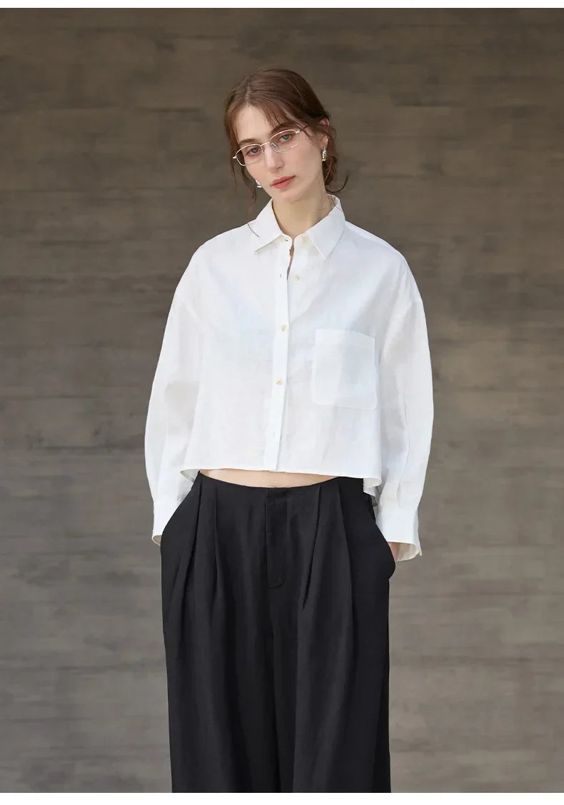 Women's Linen Cropped Long Sleeve Shirt-19