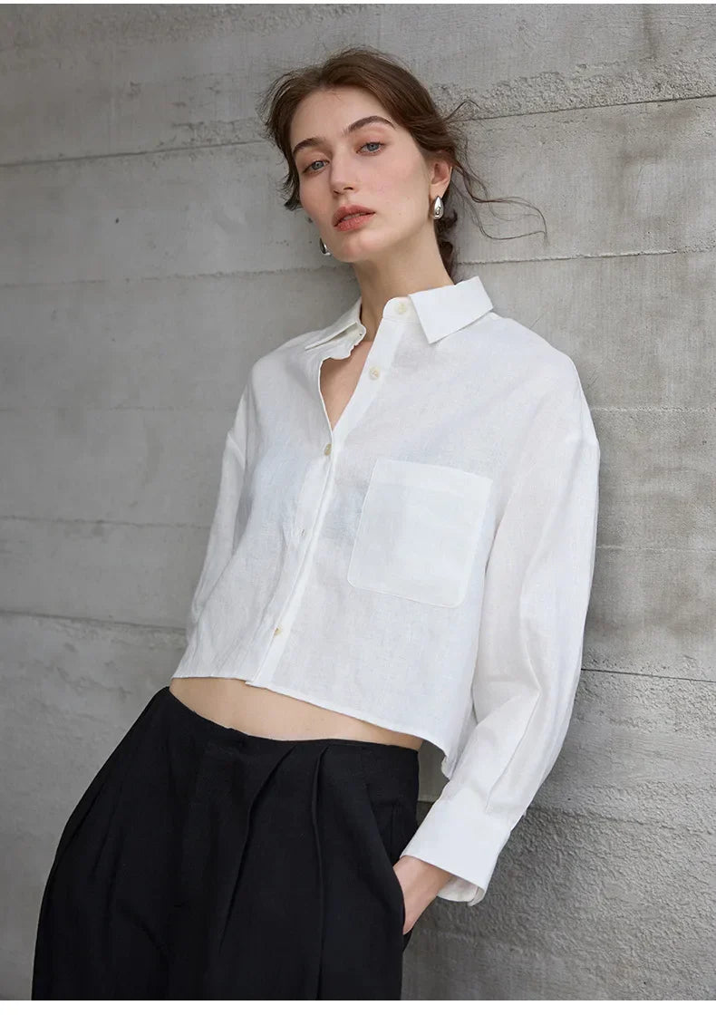 Women's Linen Cropped Long Sleeve Shirt-21