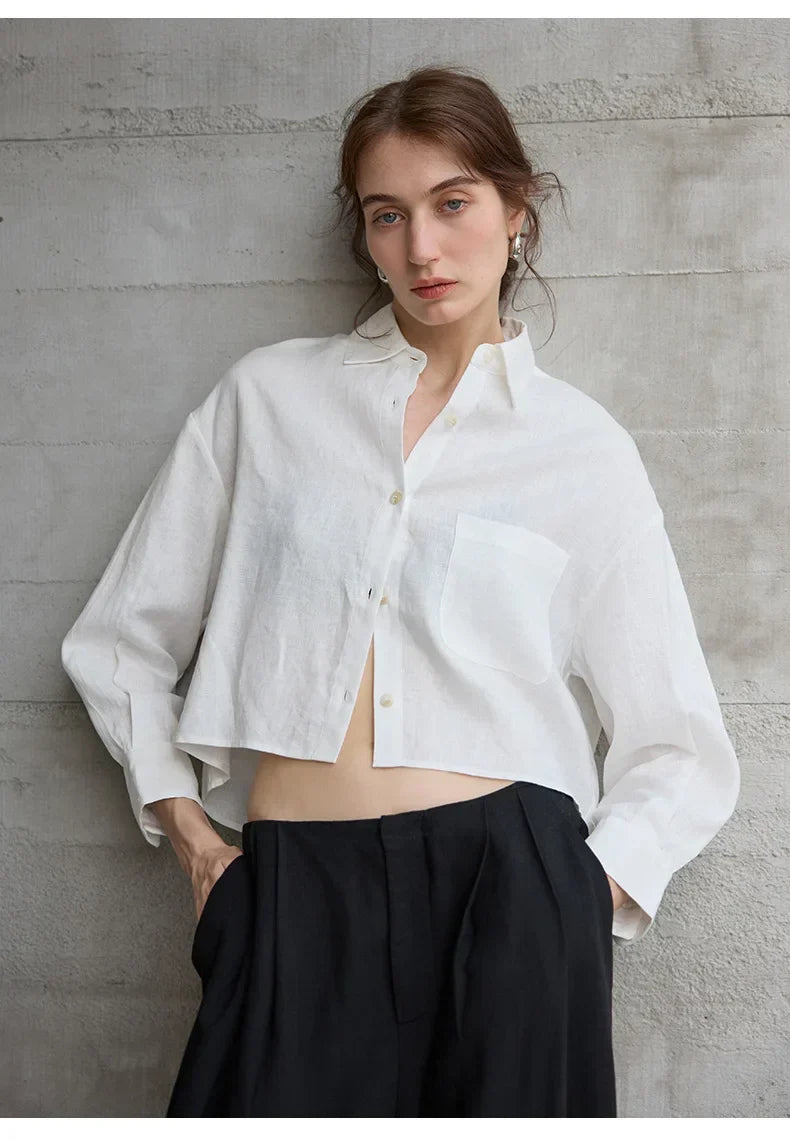 Women's Linen Cropped Long Sleeve Shirt-22