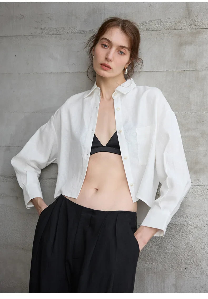 Women's Linen Cropped Long Sleeve Shirt-23
