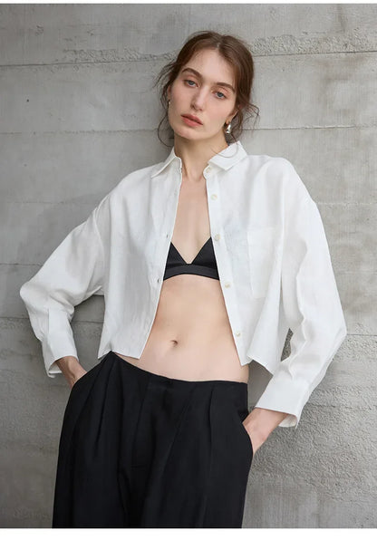 Women's Linen Cropped Long Sleeve Shirt-23