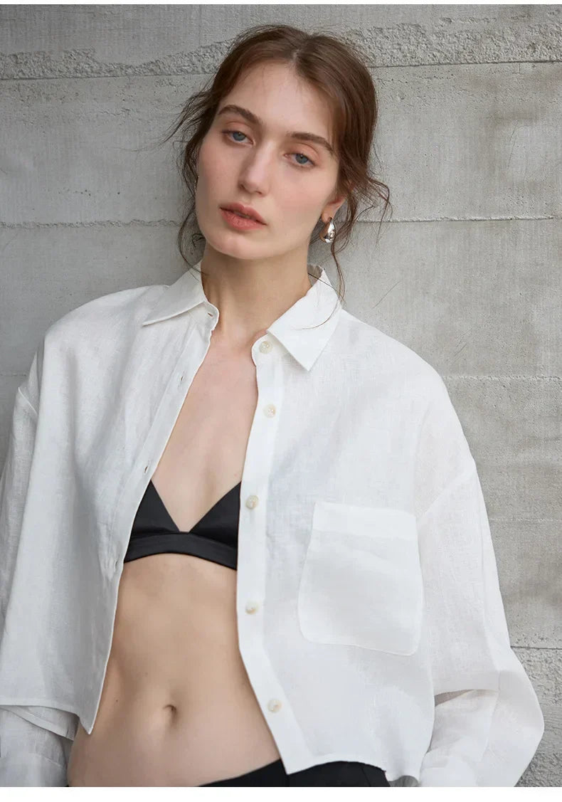Women's Linen Cropped Long Sleeve Shirt-24