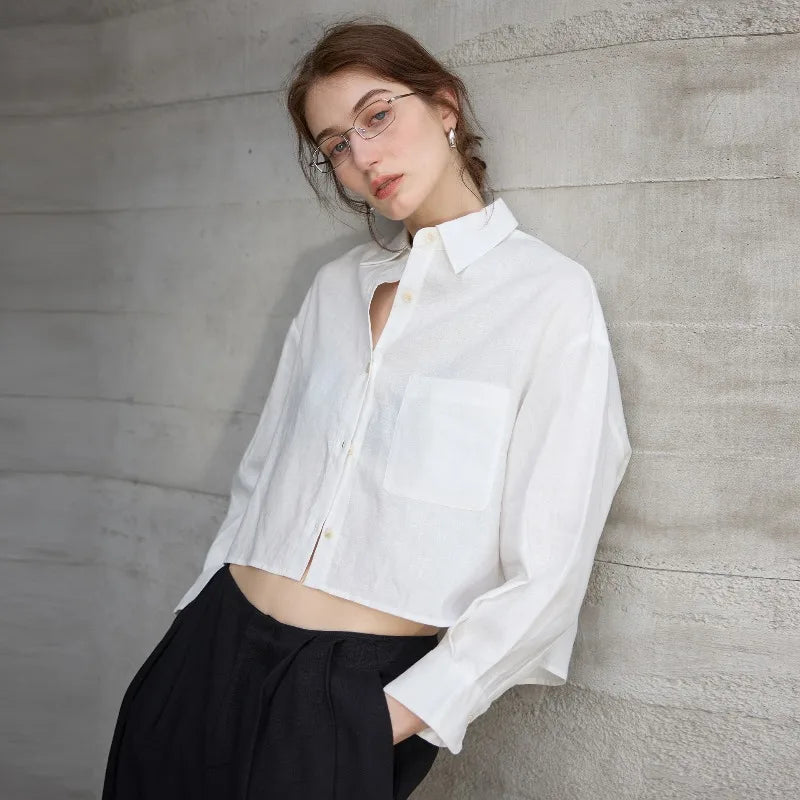 Women's Linen Cropped Long Sleeve Shirt-33