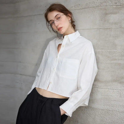 Women's Linen Cropped Long Sleeve Shirt-33
