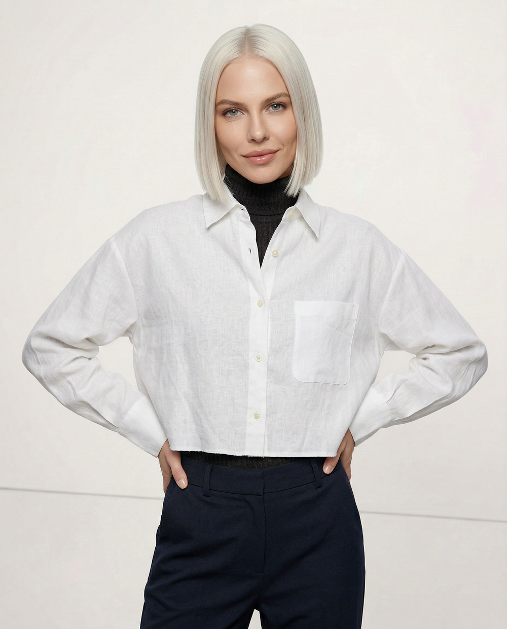 Women's Linen Cropped Long Sleeve Shirt-6