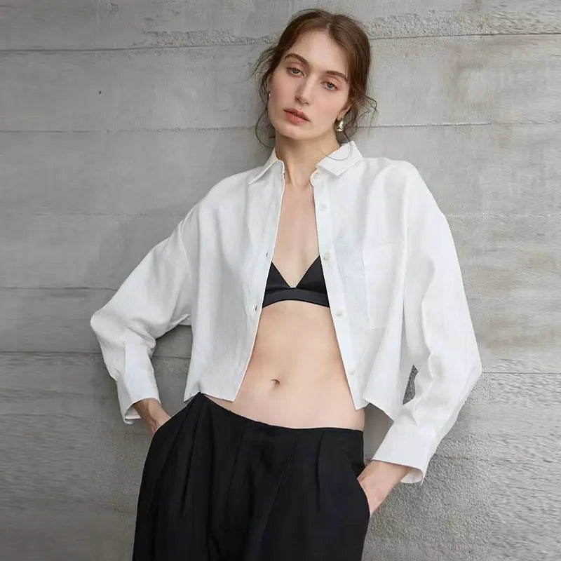Women's Linen Cropped Long Sleeve Shirt-13