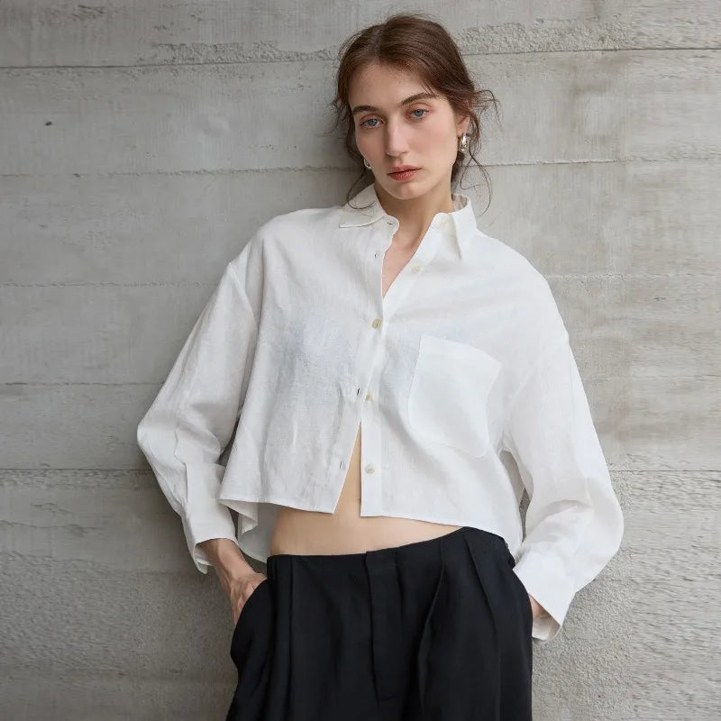 Women's Linen Cropped Long Sleeve Shirt-14