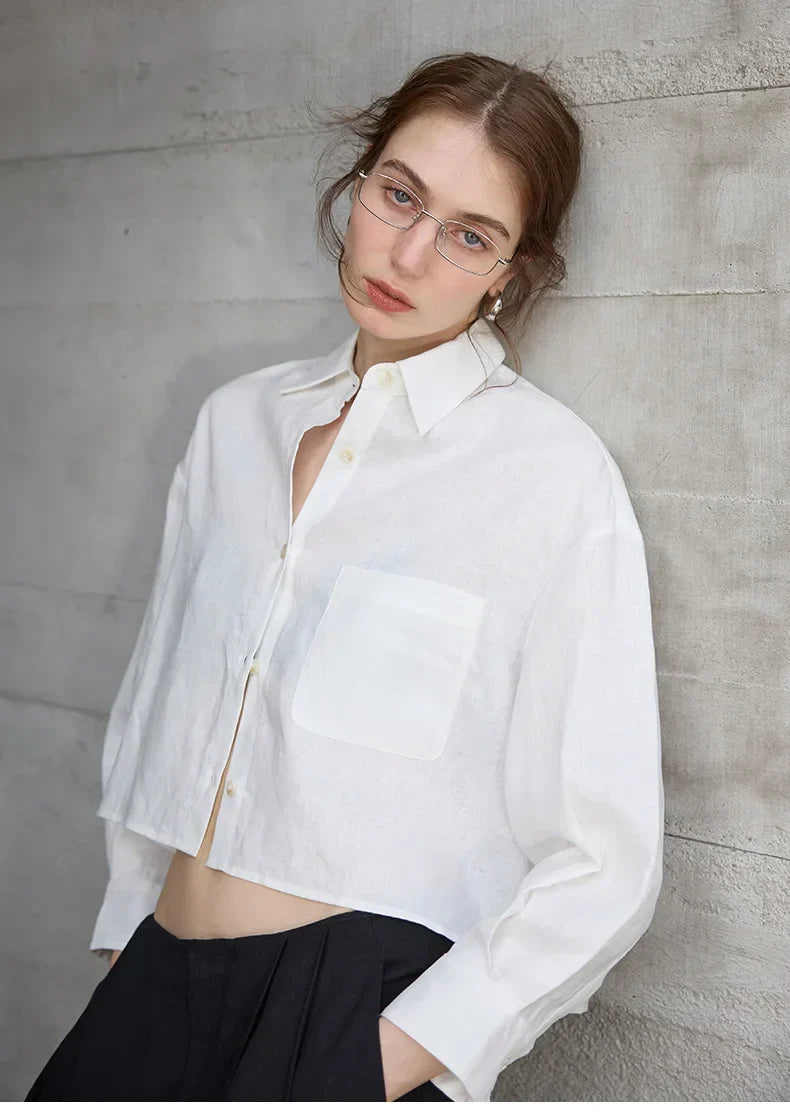 Women's Linen Cropped Long Sleeve Shirt-15
