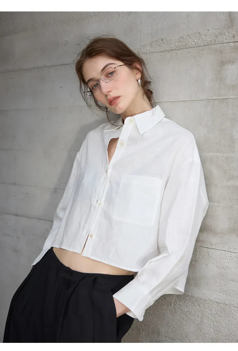 Women's Linen Cropped Long Sleeve Shirt-17