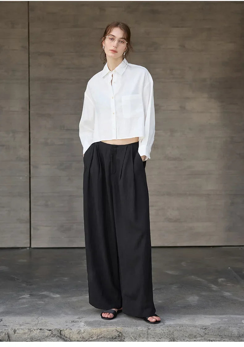 Women's Linen Cropped Long Sleeve Shirt-18