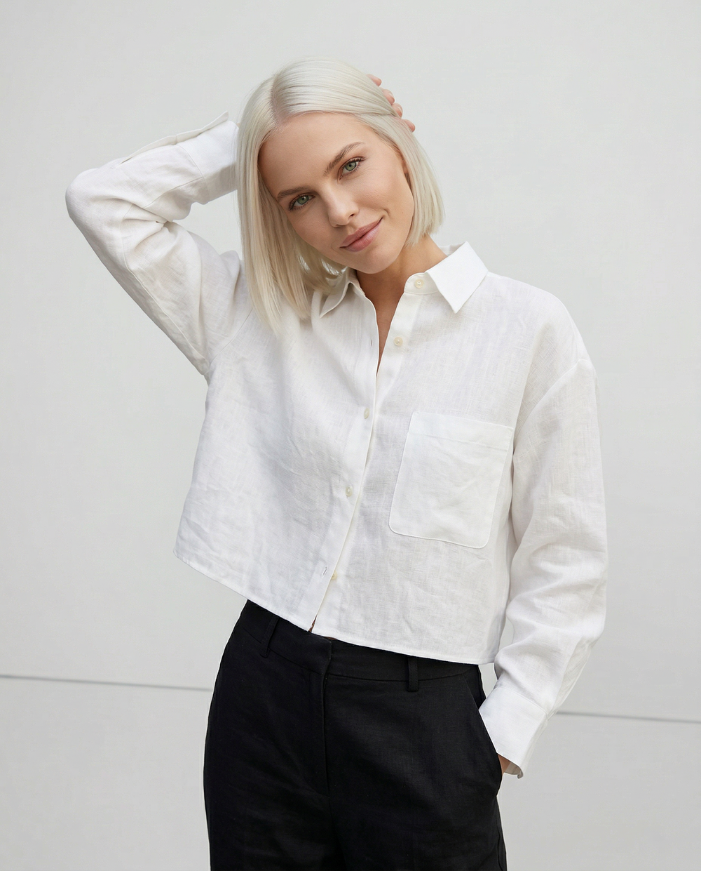Women's Linen Cropped Long Sleeve Shirt-5