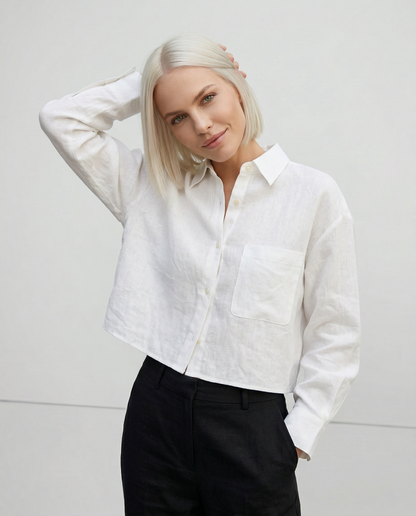 Women's Linen Cropped Long Sleeve Shirt-5