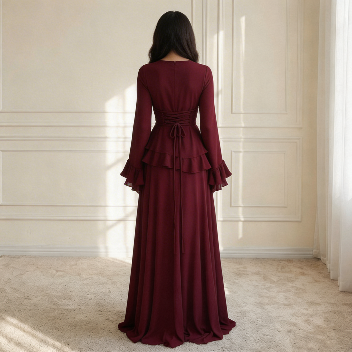 Women's Long Sleeve Flared Cuff Maxi Dress-9