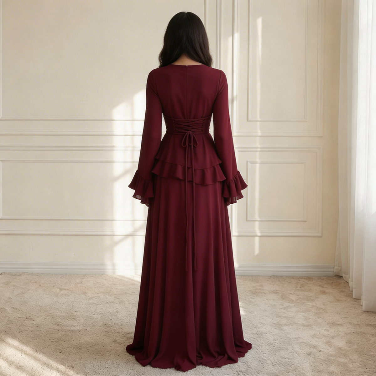 Women's Long Sleeve Flared Cuff Maxi Dress-9