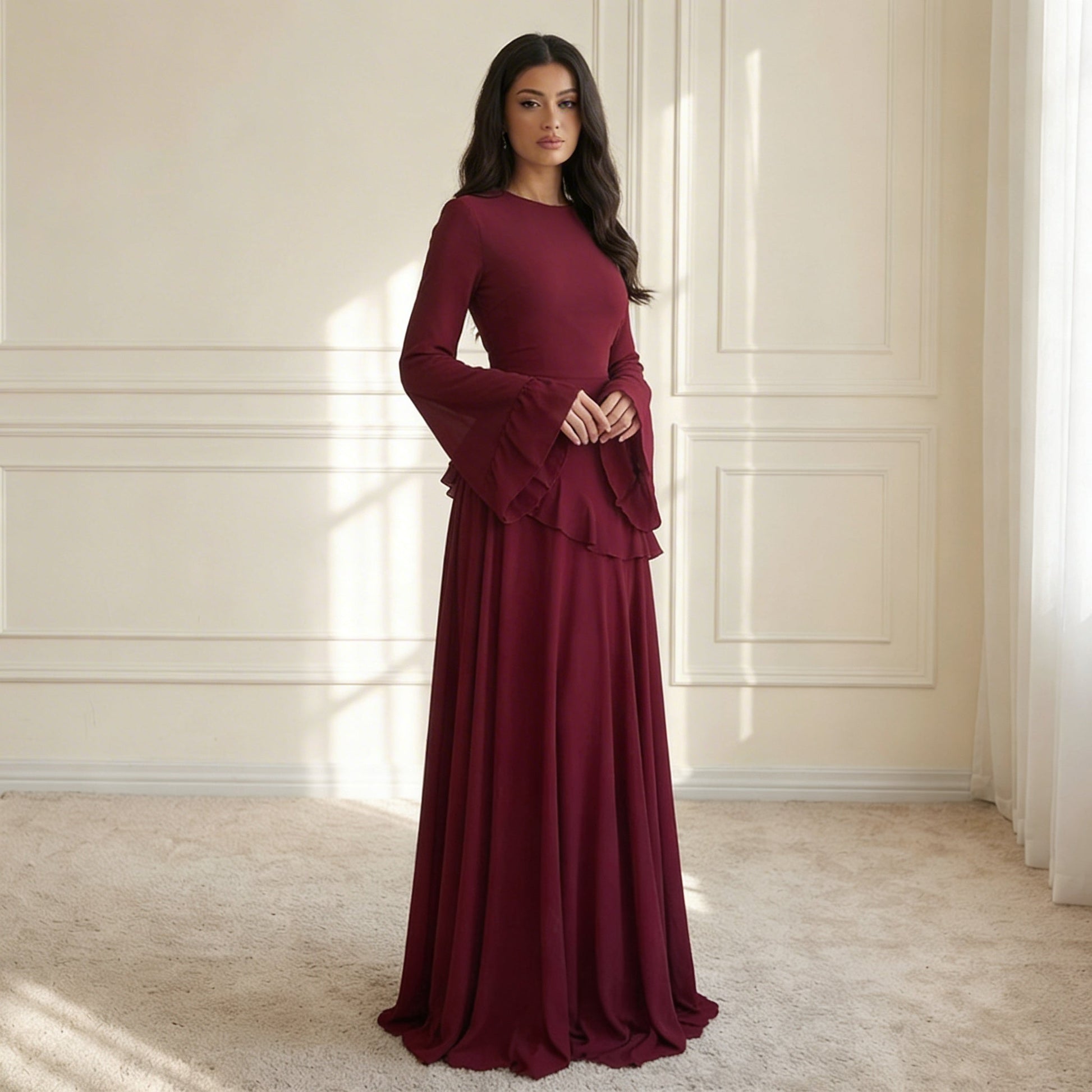 Women's Long Sleeve Flared Cuff Maxi Dress-2