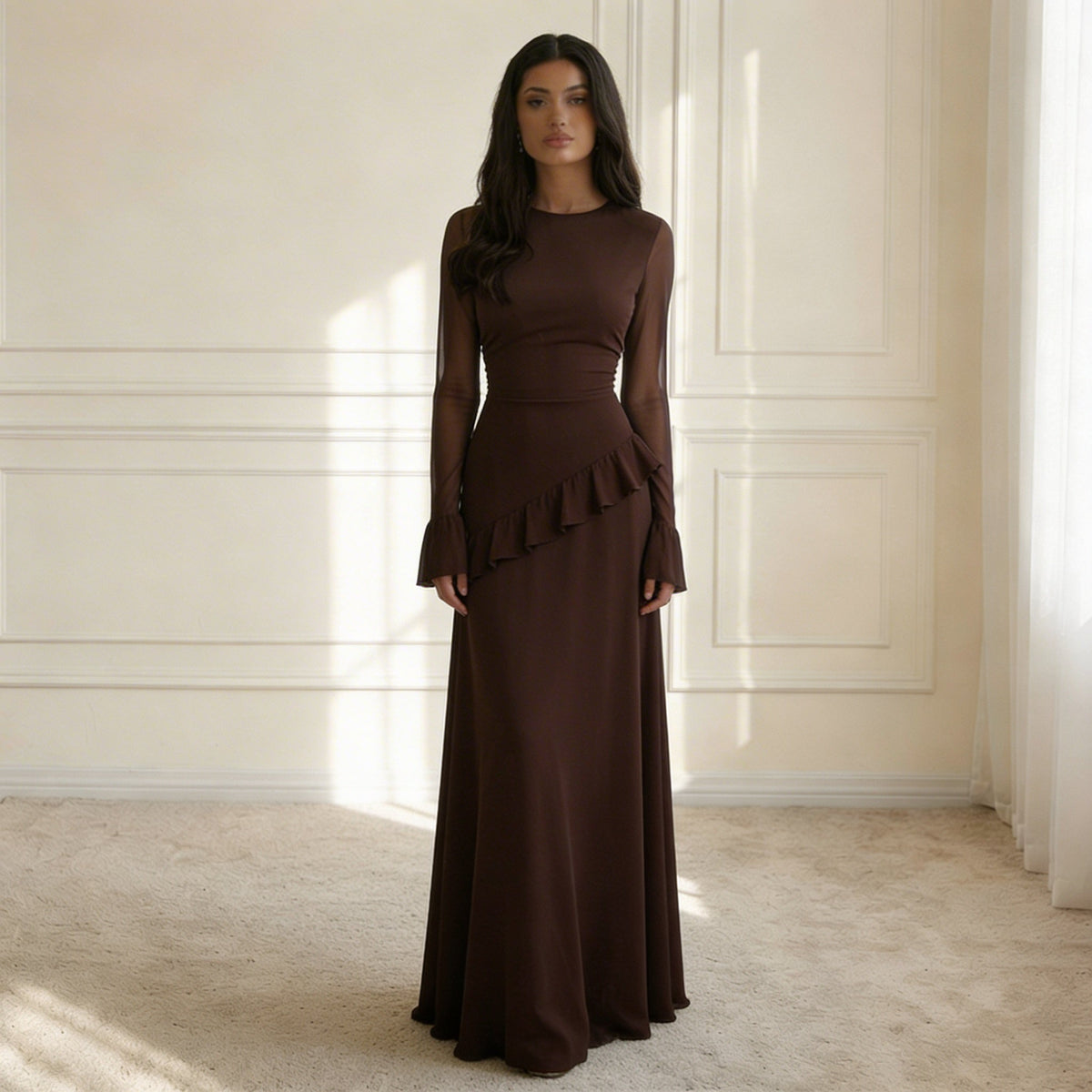 Women's Long Sleeve Flared Cuff Maxi Dress-5