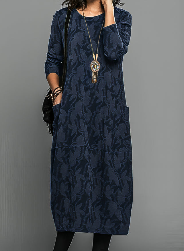 Women's Long-Sleeve Printed Maxi Dress with Pockets - Blue