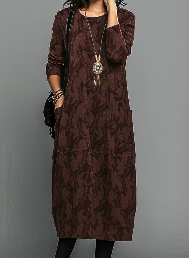 Women's Long-Sleeve Printed Maxi Dress with Pockets - Brown
