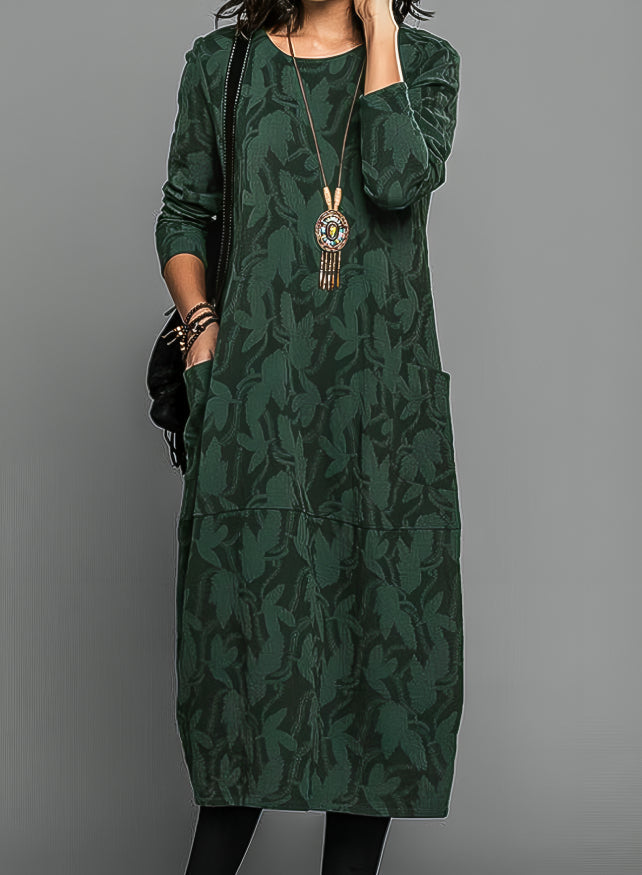 Women's Long-Sleeve Printed Maxi Dress with Pockets - Green