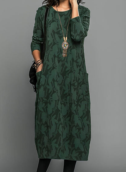 Women's Long-Sleeve Printed Maxi Dress with Pockets - Green