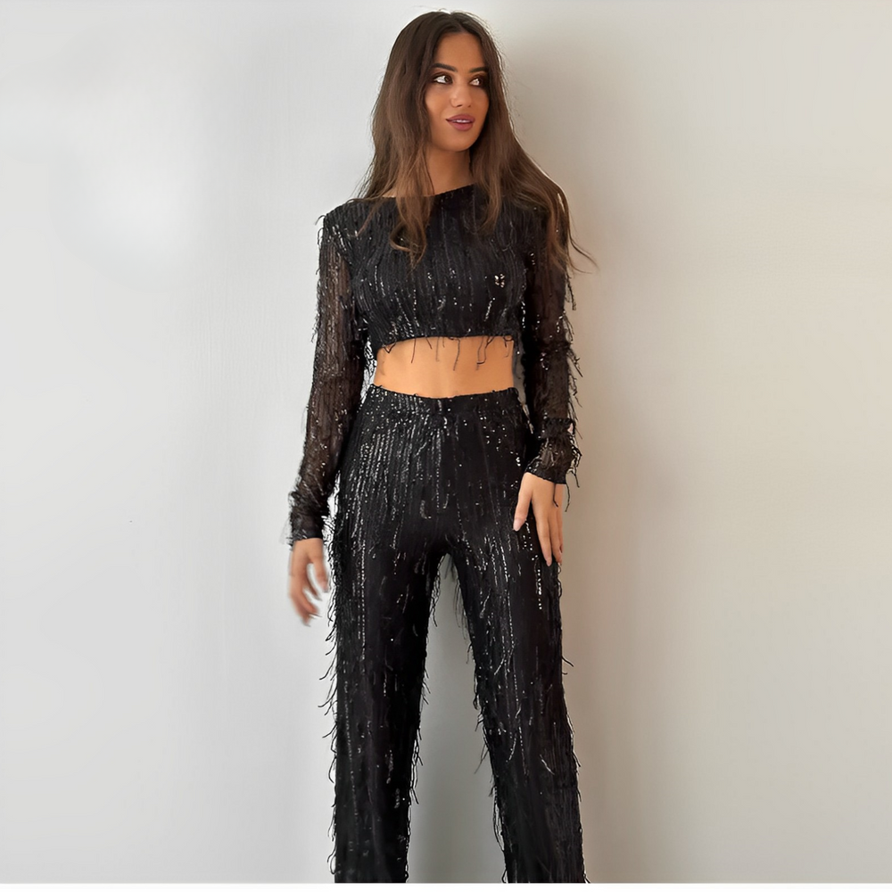 Women's Long Sleeve Sequin Maxi Dress with Belt-7