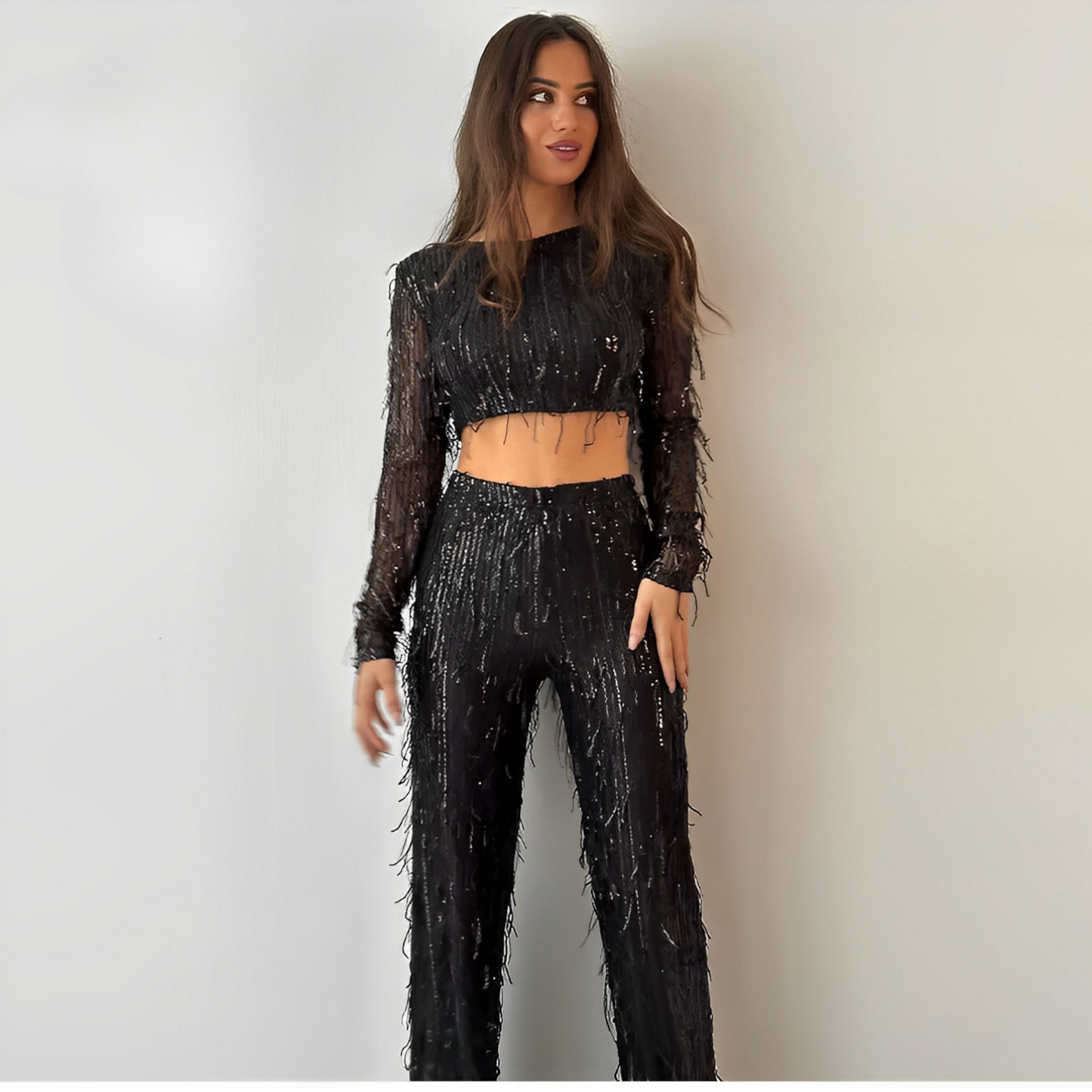 Women's Long Sleeve Sequin Maxi Dress with Belt-7