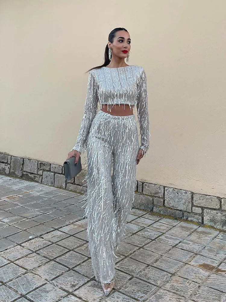 Women's Long Sleeve Sequin Maxi Dress with Belt-4