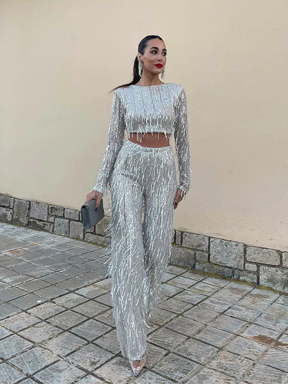 Women's Long Sleeve Sequin Maxi Dress with Belt-4