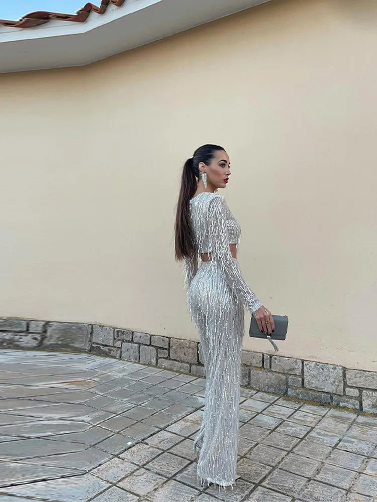 Women's Long Sleeve Sequin Maxi Dress with Belt-5