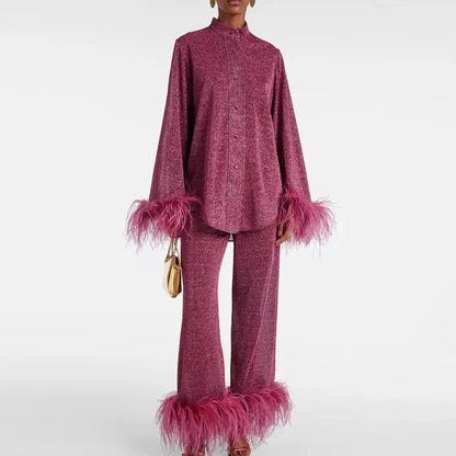 Women's Long Sleeve Shirt with Feather Cuff Pants Set-2