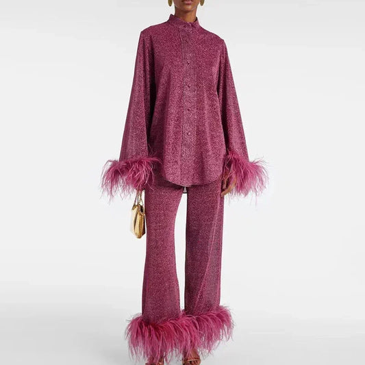 Women's Long Sleeve Shirt with Feather Cuff Pants Set-2