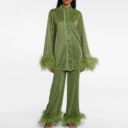 Women's Long Sleeve Shirt with Feather Cuff Pants Set-5