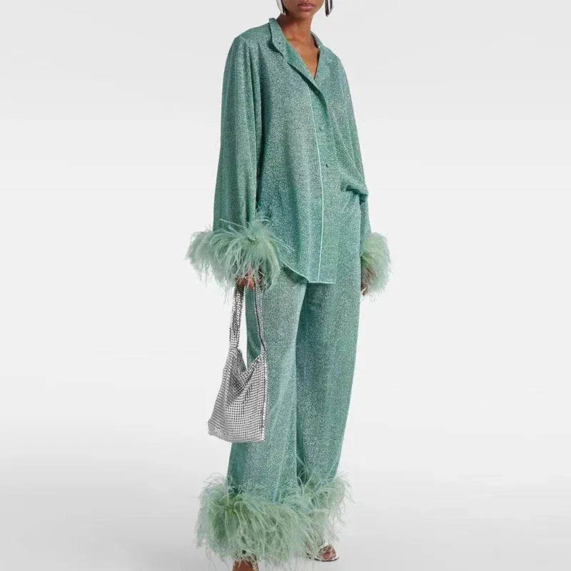 Women's Long Sleeve Shirt with Feather Cuff Pants Set-3