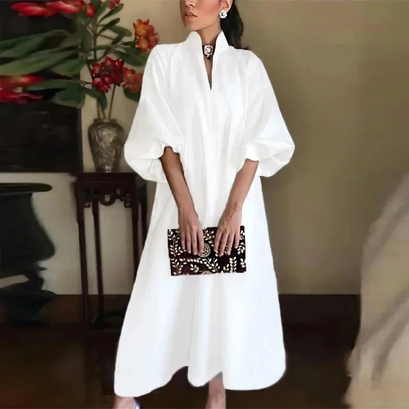 Women's Balloon-Sleeve Maxi Dress with High Neck
